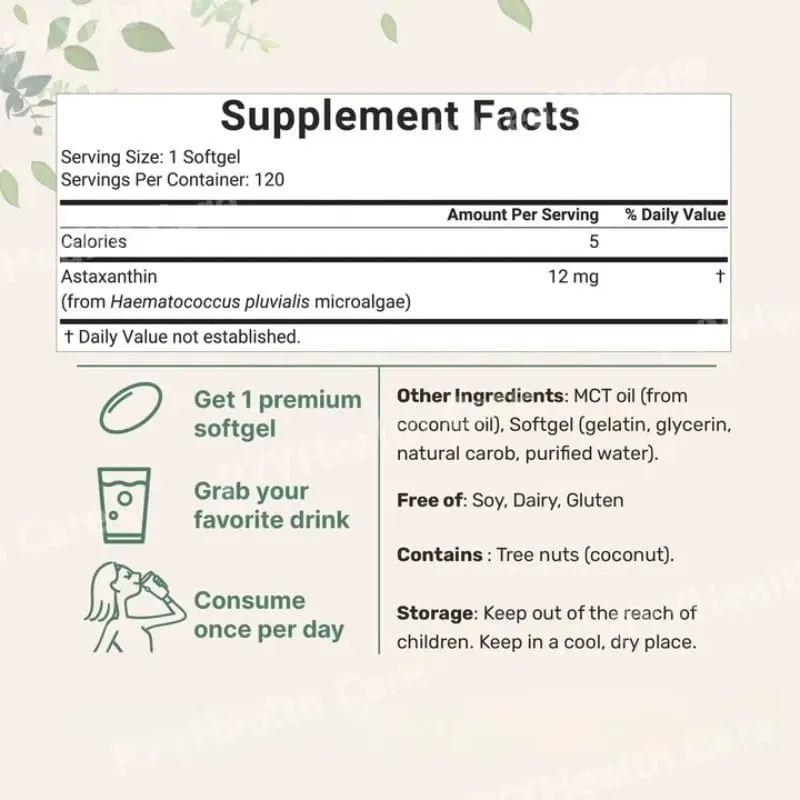Astaxanthin 12mg Softgels From Plant-Based Microalgae with MCT Oil Dietary Supplement — image 3