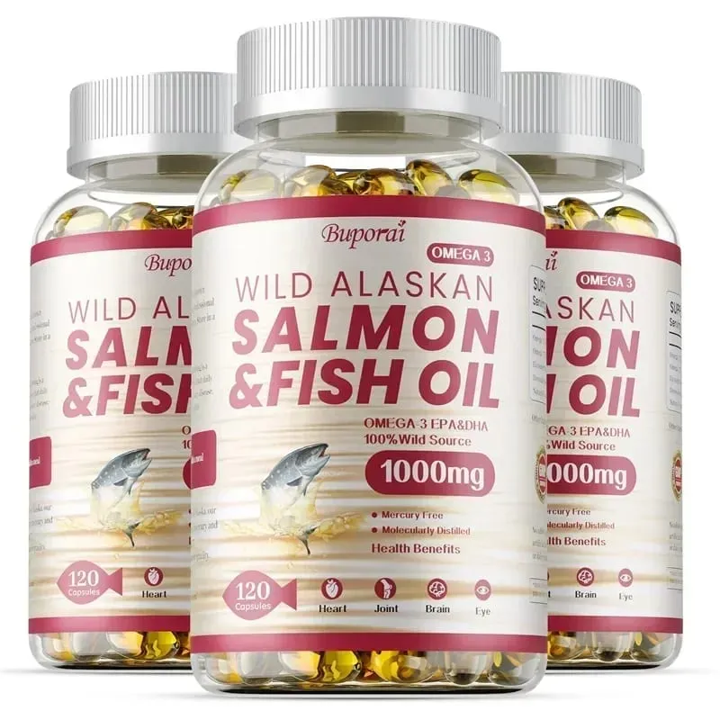 Óleo de peixe salmão - rico em EPA + DHA apoia a saúde das articulações, do cérebro e dos olhos, melhora a função imunológica e é antioxidante