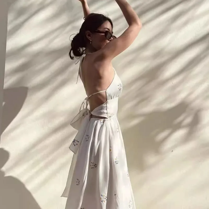 Vestido feminino de verão sem mangas de algodão cânhamo com gola halter bordado margarida sem costas vestido longo com renda — image 3