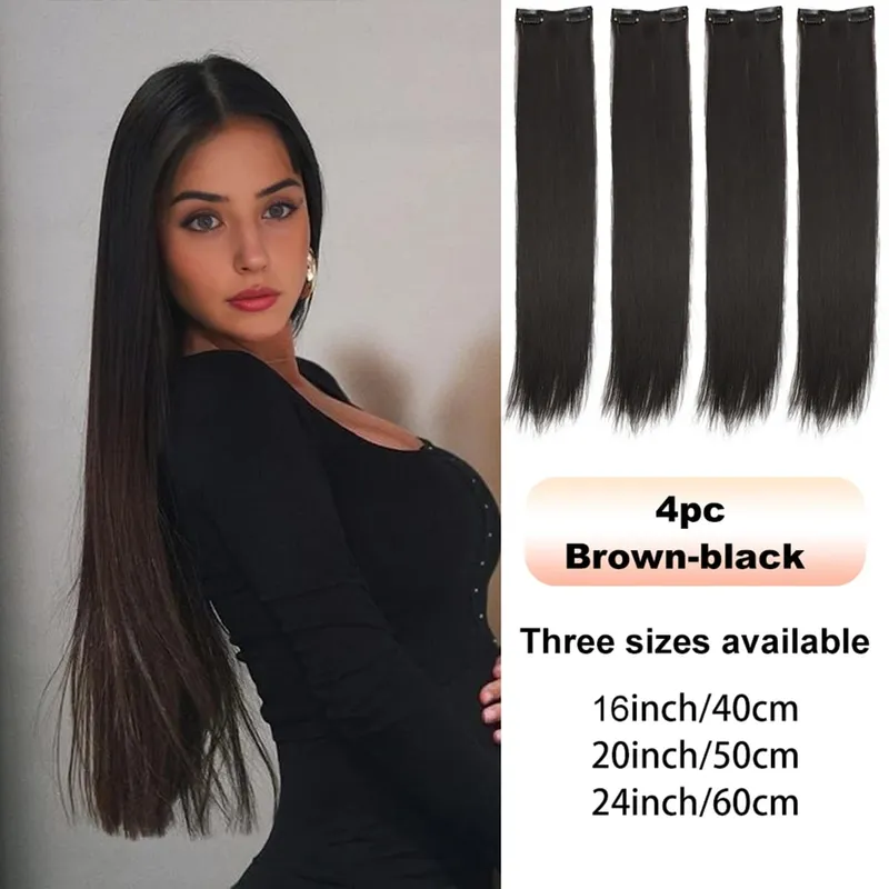 4PCS synthetic hair extension piece long straight hair wig clip heat-resistant wig piece extension on a woman's hair — image 9