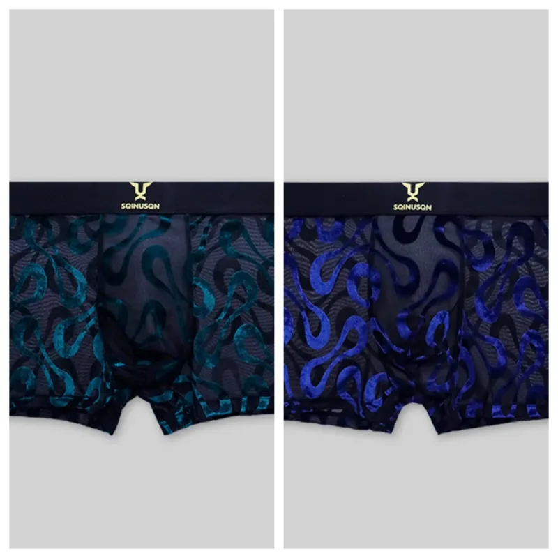 Cuecas boxer masculinas de malha transparente, 2 peças, com cintura elástica larga, alta elasticidade, multi cores opcionais, plus size, roupa íntima masculina