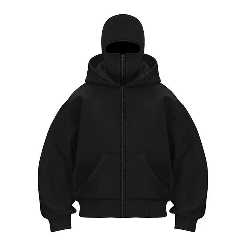 Balaclava moda personalidade hoodie masculino cor sólida dupla camada com capuz pulôver moletom y2k retro hip hop inverno streetwear