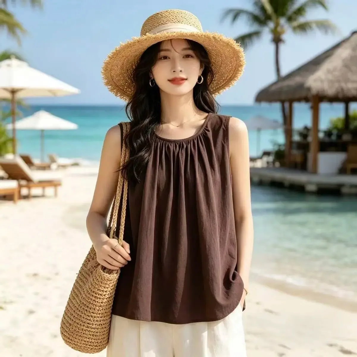 Street Casual Pleated Solid Simplicity All-match Tops Summer New Sleeveless Loose Elegant T Shirts Fashion Trend Women Clothing