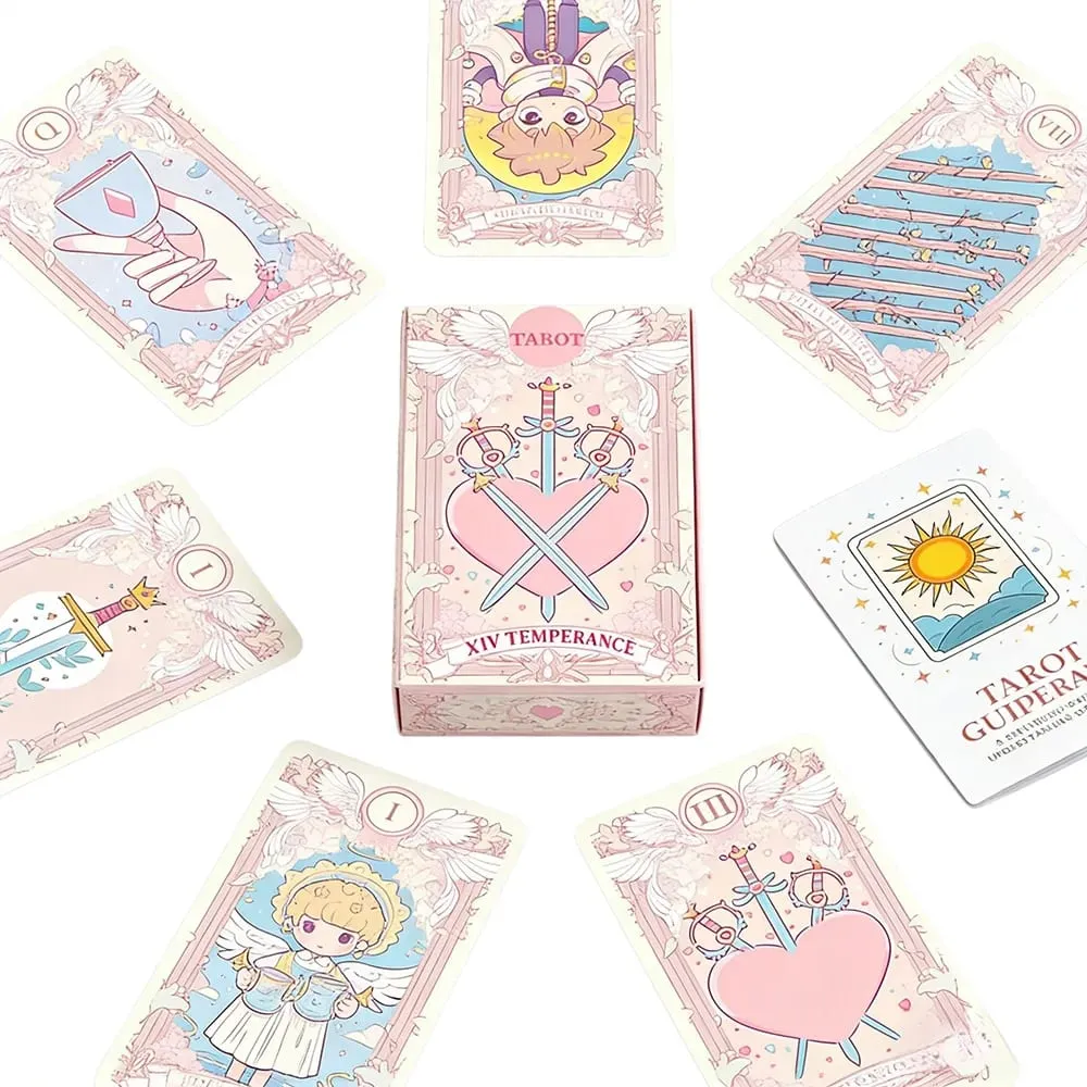 Kawaii Pink Large‑sized 78PCS Tarot Deck with Guidebook - Cute Anime Illustration for Fate Divination Future Telling Table Game