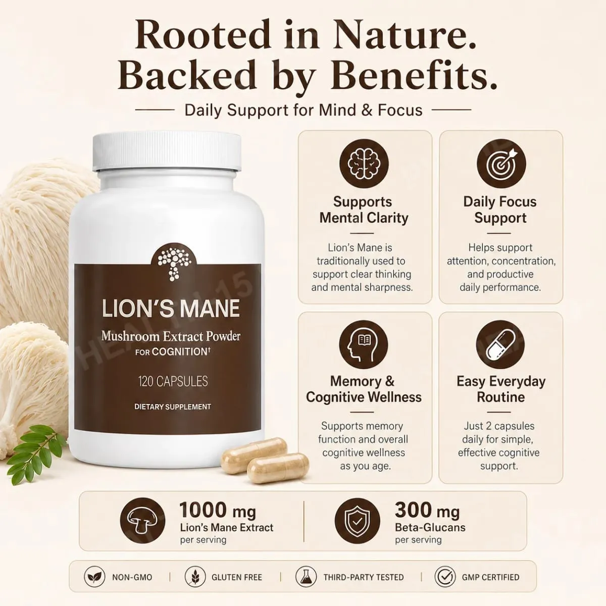Lion's Mane Mushroom Extract 1000 mg with 300 mg Beta-Glucans Daily Focus and Wellness Support 120 Capsules 60 Servings — image 5