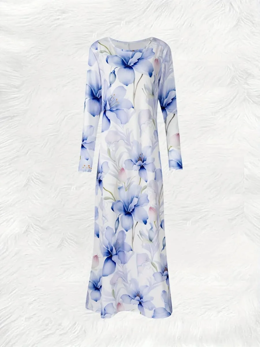 Bedrucktes Design im lässigen Stil, blaues Blumenmuster-Druckkleid für Damen — image 3