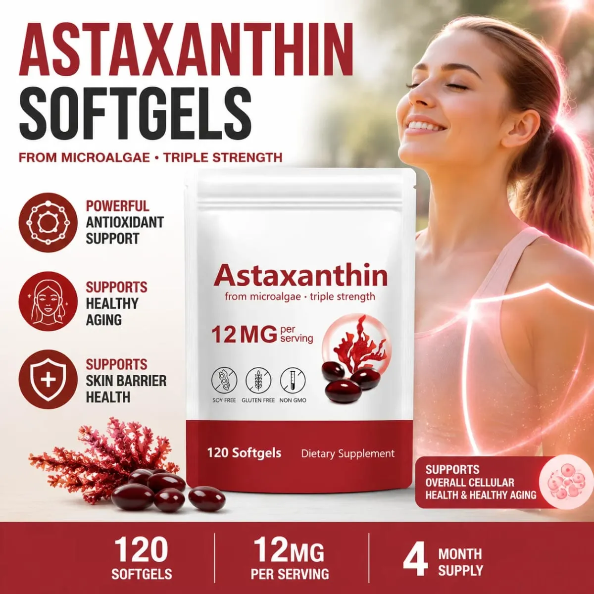Astaxanthin Supplement 12mg Softgels from Microalgae with Antioxidant Support for Skin Health & Healthy Aging 120 Count — image 1