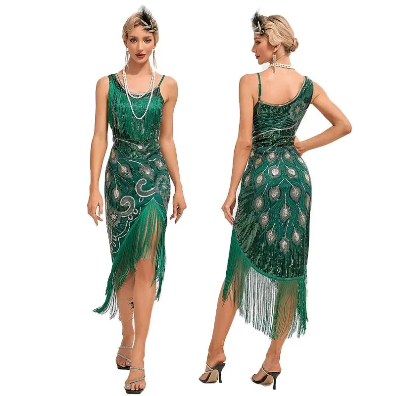 Vestido de lantejoulas 1920s retro borla pavão padrão vestido grande gatsby cocktail festa charleston vestido de dança bola longo vestido de noite