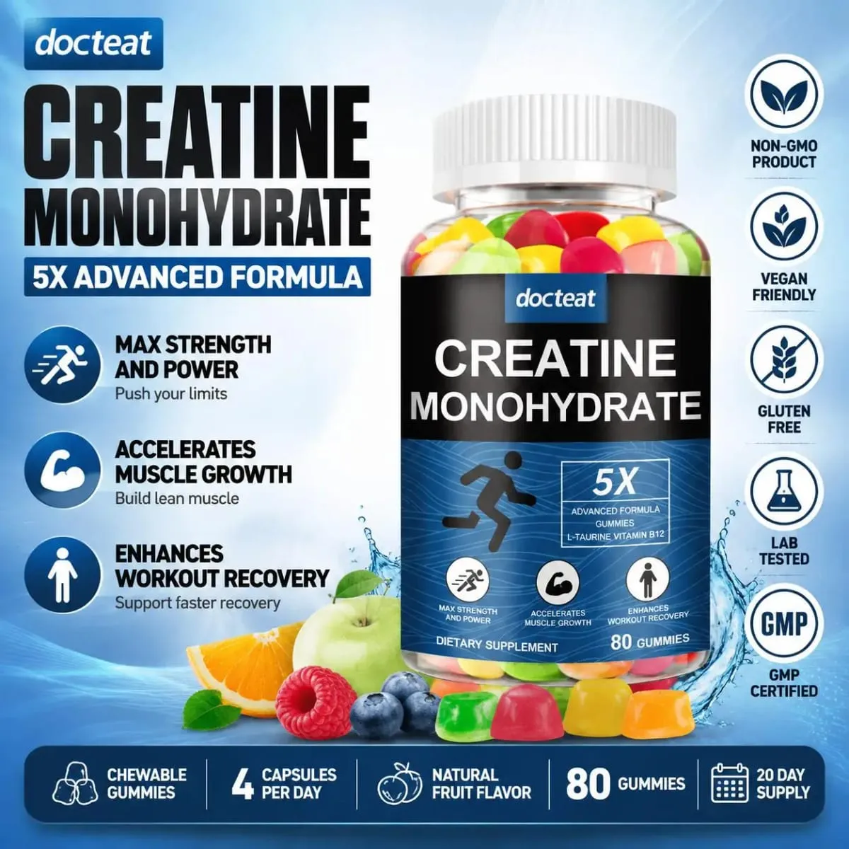Docteat Creatine Monohydrate Gummies Chewable for Strength and Power Supports Muscle Growth and Workout Recovery 80 Gummies