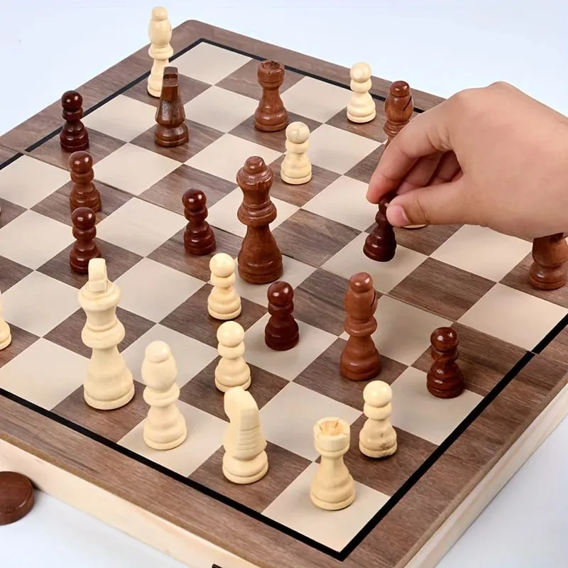 Wooden Chess Board Games Folding Chess & Checkers Set Portable Table Games 2 Extra Queens Beginner Chess Set For Adul — image 1