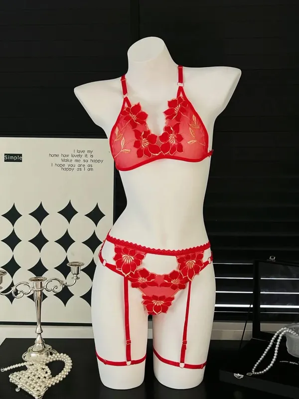 3Pcs/Set Flower Sexy Bra Set Women Bralette Girls Lace Underwear Thong Erotic Transparent Bras Lingerie Panty Sets — image 5