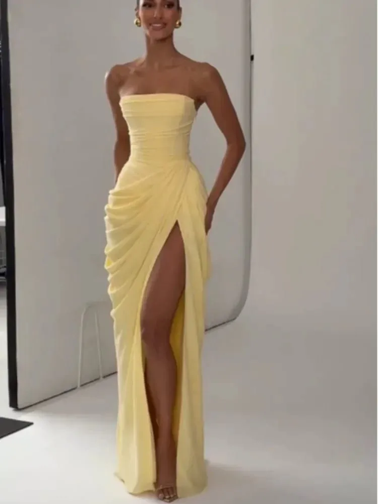 Babaeng Dilaw na Elegant Strapless Pleated Dress Sexy na Walang Manggas na Baywang Cinching Split Maxi Gowns 2026 Babae Bagong Evening Party Dresses — image 7