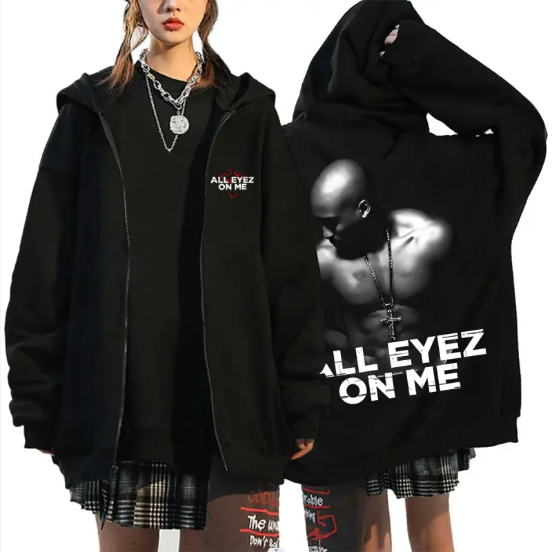 Rapper Tupac 2pac All Eyez on Me Cross Zipper Hoodie Lalaki Babae Hip Hop Fashion Zip Up Hoodies Panlalaki Kaswal Oversized Streetwear