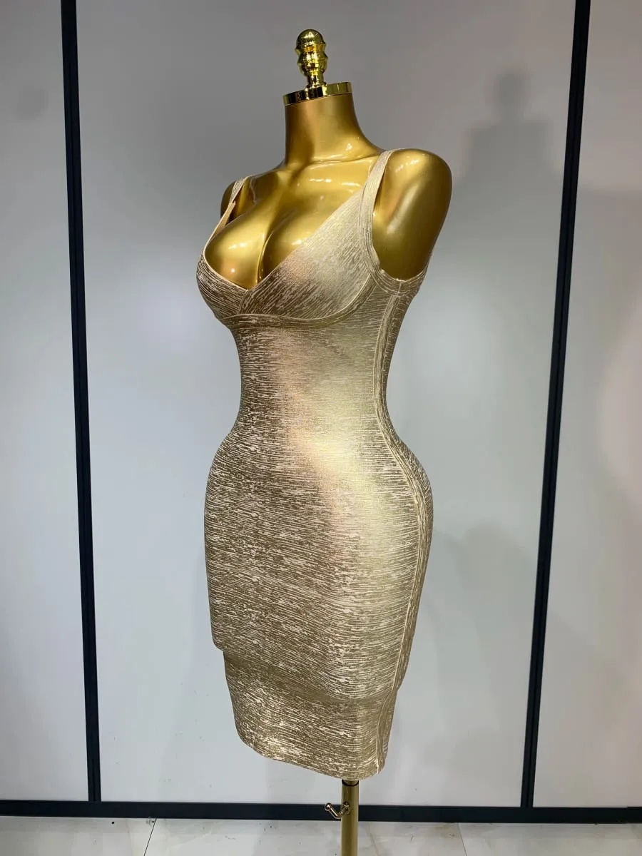 High Quality Celebrity Elegant Gold Bodycon Bandage Dress Women Sexy Nightclub Evening Party Luxury Birthday Dress Vestidos — image 2