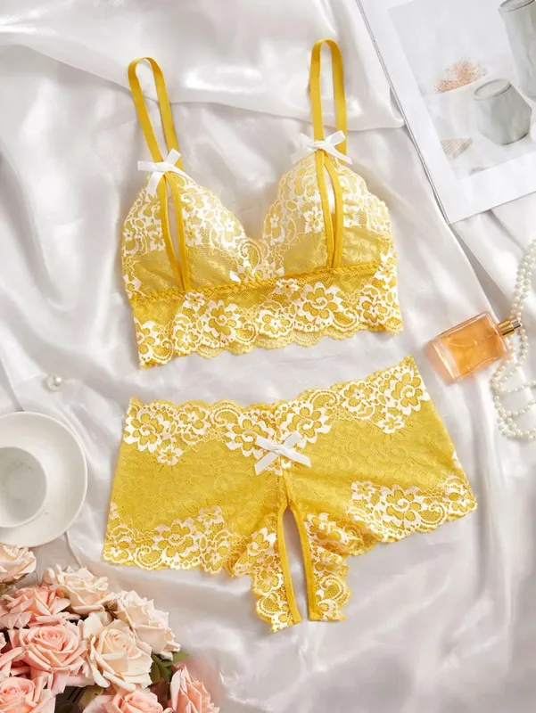 Sexy Lingerie Set Women Lace Bra at Panty See Through Floral Embroidery Bralette Transparent Erotic Underwear Bow Nightwear