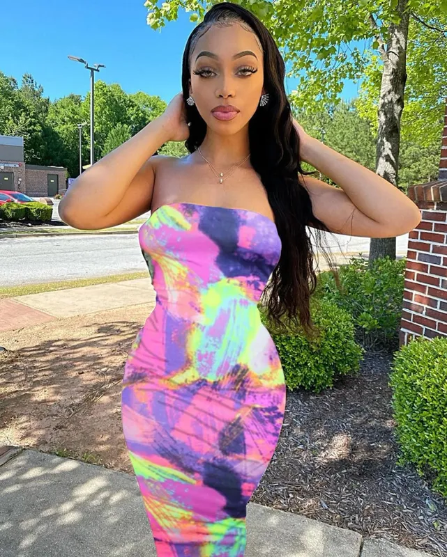Vår/sommar kvinnors färgglada Tie Dye Print Off Shoulder Wrapped Chest Dress — image 9