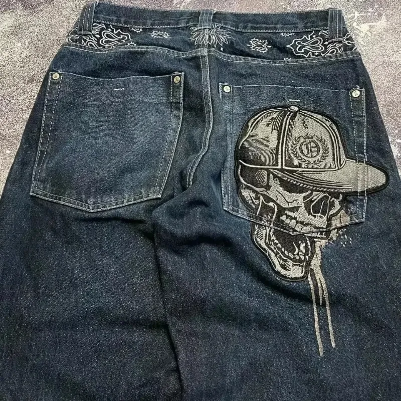 American Y2K Hip Hop Fashion Trend Skull Embroidery Spot Jeans Men Street Loose Straight Wide-leg Pants Couple Oversized Jeans — image 2