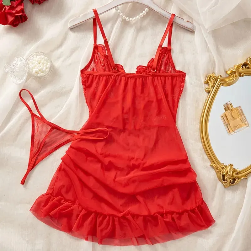 Hot Sexy Lace Splicing Dress Women Lingerie See Through Nightdress Solid Slim Soft V Neck Corset Push Up Bra Underwear Thong Set — image 5