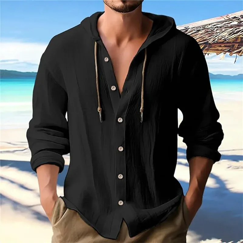 Solid Color Casual Shirt ng Lalaki na Naka-hood na Drawstring na Cotton at Linen na Cardigan Trendy at Versatile Loose Beach T-Shirt — image 1