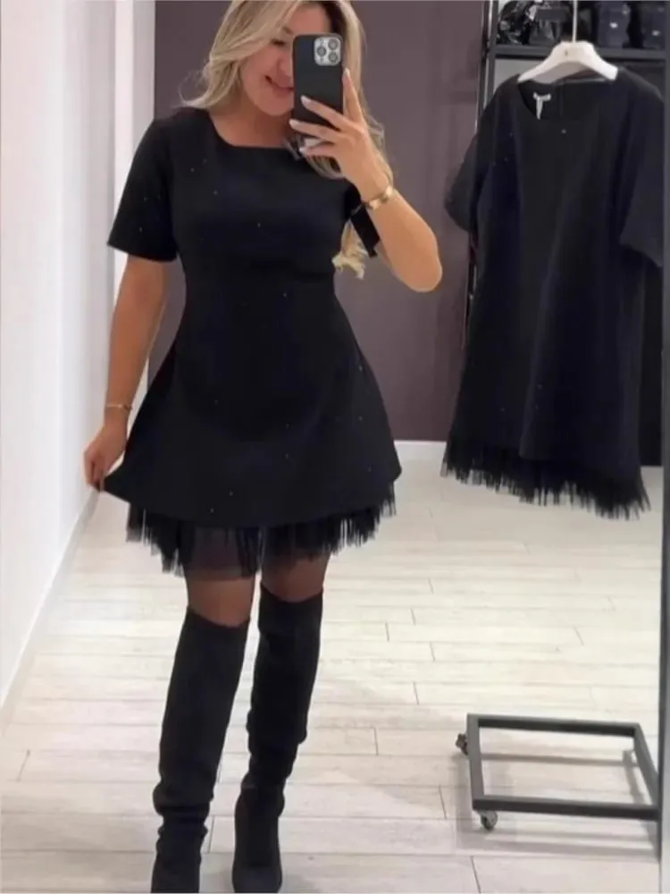 Elegant Casual Dress Spring Summer New Style Hot Rhinestone Hem Mesh Solid Fashion Dress Para sa Babae Short Sleeve Holiday Dress — image 6