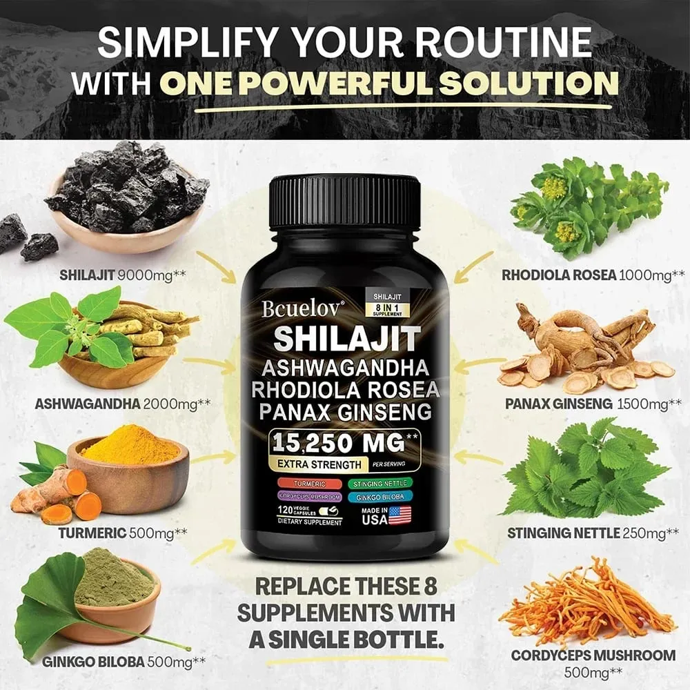 Shilajit 9000 Ginseng 1500MG Ashwagandha 2000MG - Extratos complexos de plantas naturais 8 em 1 fornecem energia, força muscular imunológica — image 4