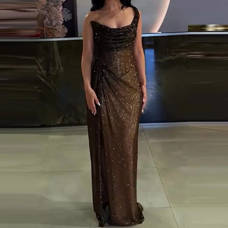 Sexy Elegant Full Length High Split Party Dress Chic Girdling Banquet Maxi Dress Luxury Women One Shoulder Glitter Slim Dress — image 5