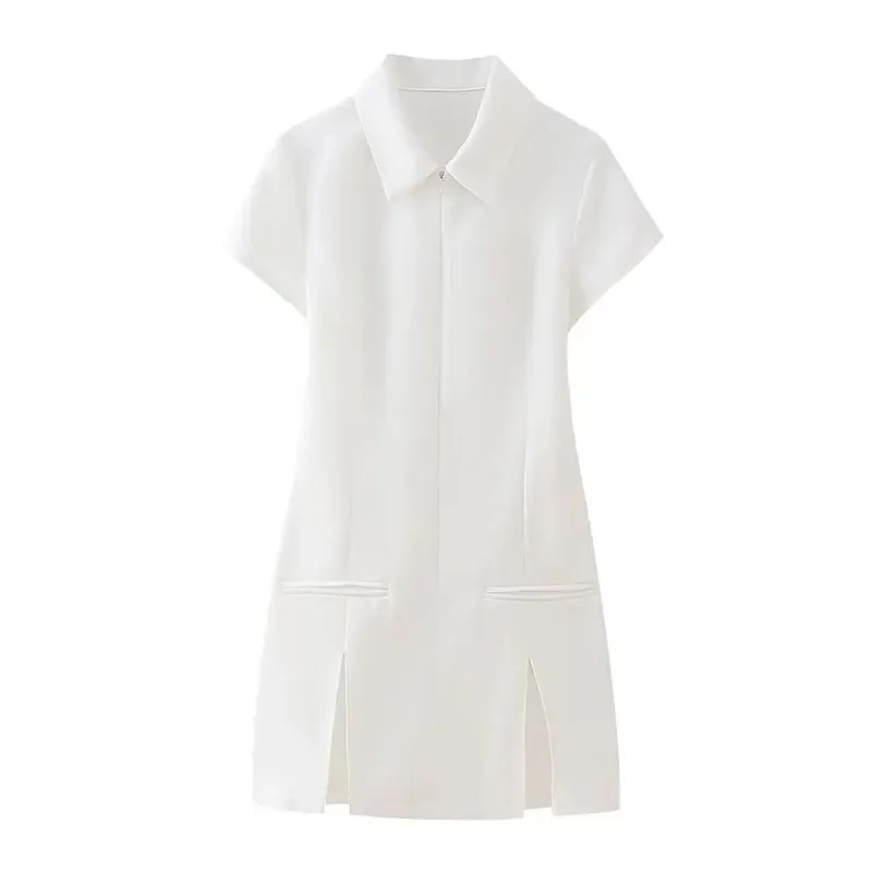 HH Summer Elegant Women Office Pleated Shirt Dress Short Sleeve Dresses Turn Down Collar Zipper Front Y2K Party Slim Mini Dress