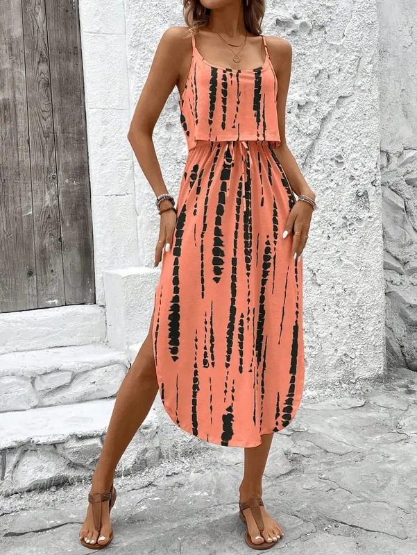 Pambabaeng Summer Spaghetti Strap Dress na may Belt at Side Slit - Casual Sleeveless Flowy Dress
