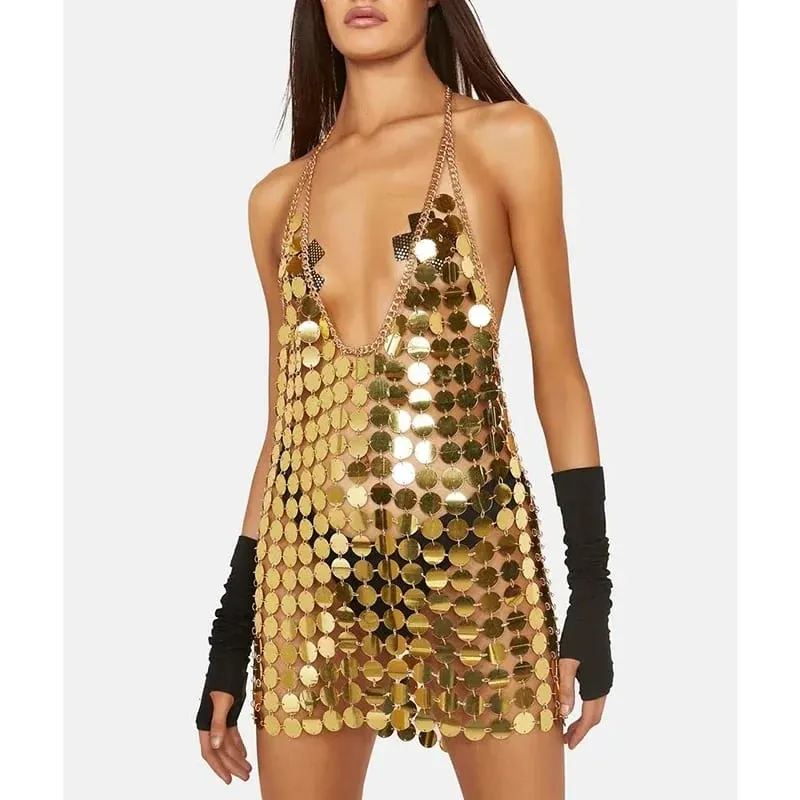 Moda feminina sem mangas sexy sem costas glitter preto ouro chainmail lantejoulas retalhos mini vestidos diana vestido de disco de prata — image 8