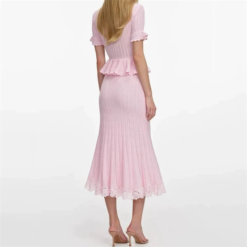 New Summer Women's Lace-Trimmed Short-Sleeve Knitted DressY2K High-Quality Fashionable Casual Faux Two-Piece Fishtail Maxi Dress — image 2