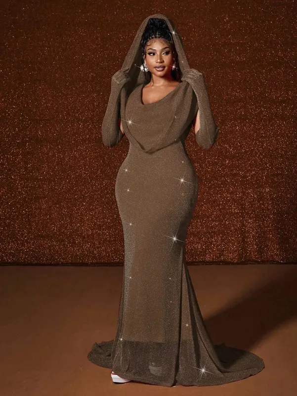 Plus size chapéu sexy cintura quente ouro peixe cauda balanço longo cor sólida fishtail pacote fino hip vestido com capuz