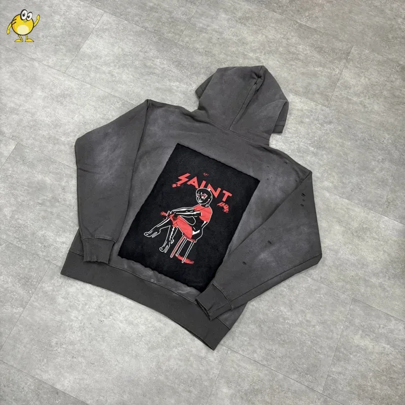 25FW Washed Grey SAINT Hoodies Men Woman Oversize Streetwear Damaged Hooded Pullovers Graphic Print Sweatshirts — image 35