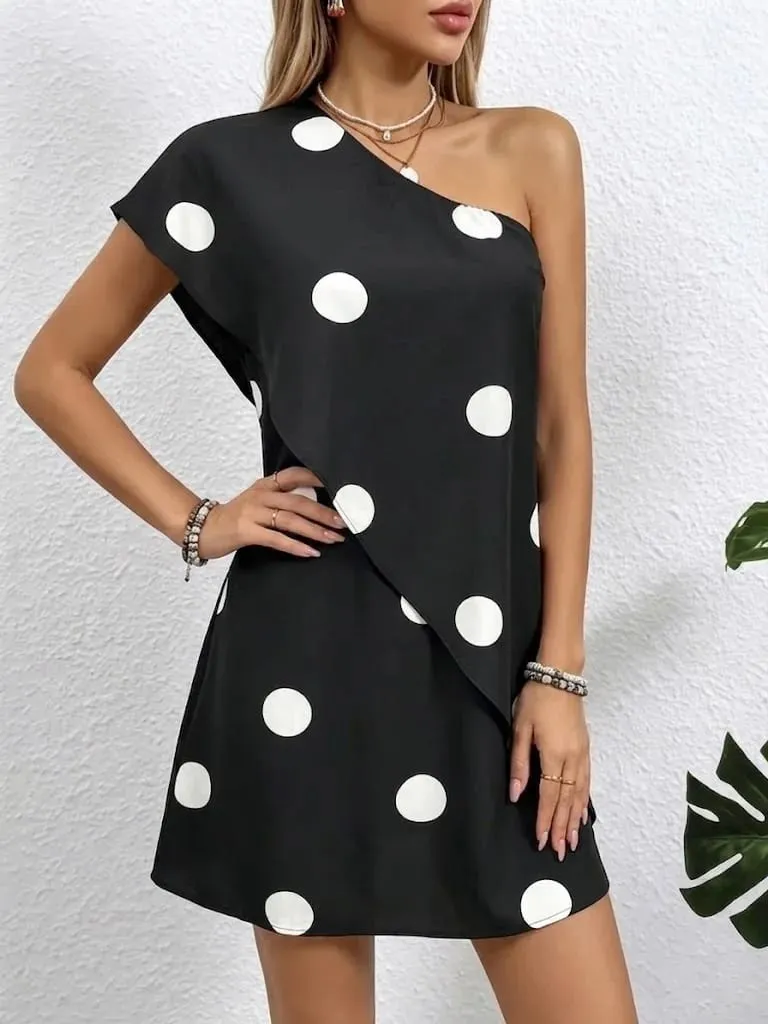 Ladies Elegant Casual Simple Polka Dot Print Ruffle Hem Dress Women's Fashion Round Neck Short Sleeve Dress — image 5