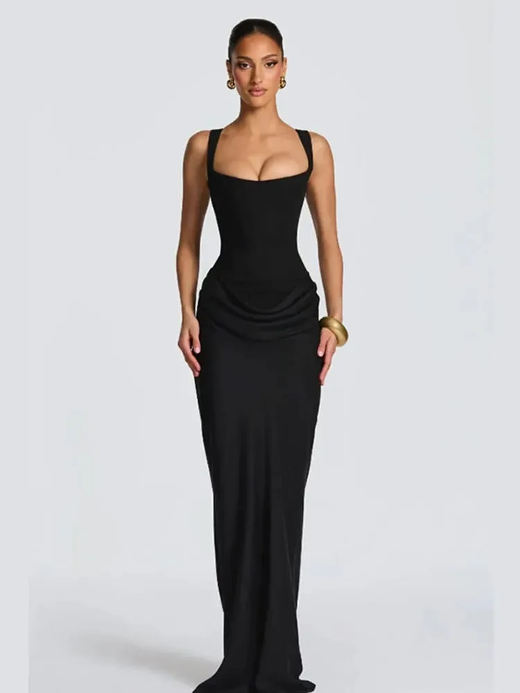Sexy Women Square-neck Halter Maxi Dress 2026 Pleated Sleeveless Backless High Waist Bodycon Dresses New Summer Lady Party Robes — image 2