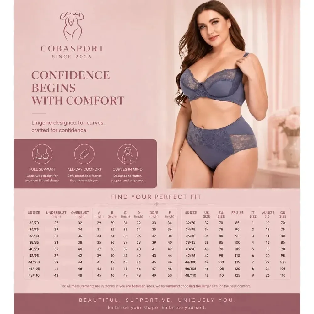Lightweight Lace Underwire Bra Set for Plus Size Women Thin Cup Lingerie with Panties Comfortable Lift Daily Wear