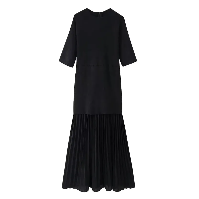 HH Mulheres Elegantes Meia Mangas Gola O Vestido Plissado Primavera Mulher Zíper Traseiro Emenda Vintage Casual Malha Vestido Longo — image 8