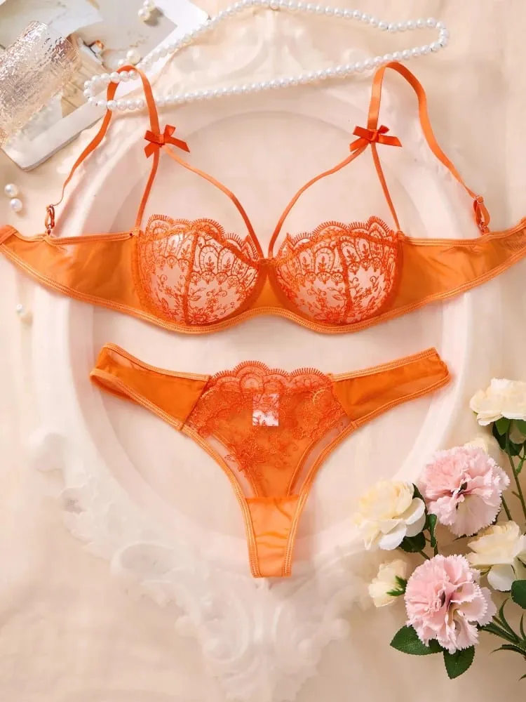 Sexig Orange Spets Underkläder Set Kvinnor Push Up BH och Trosa Set Butterfly Rosett Underkläder Kvinnliga Intimates Sovkläder — image 3