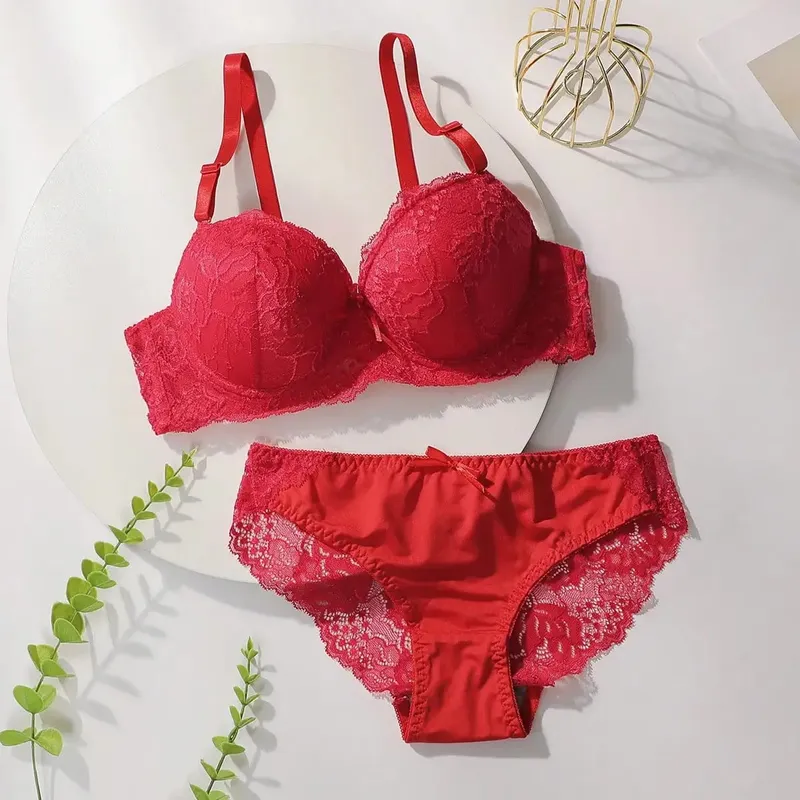 Conjunto de lingerie sexy de renda vermelha para reunião feminina push up roupa interior para mulher conjunto de roupa interior flor a2155