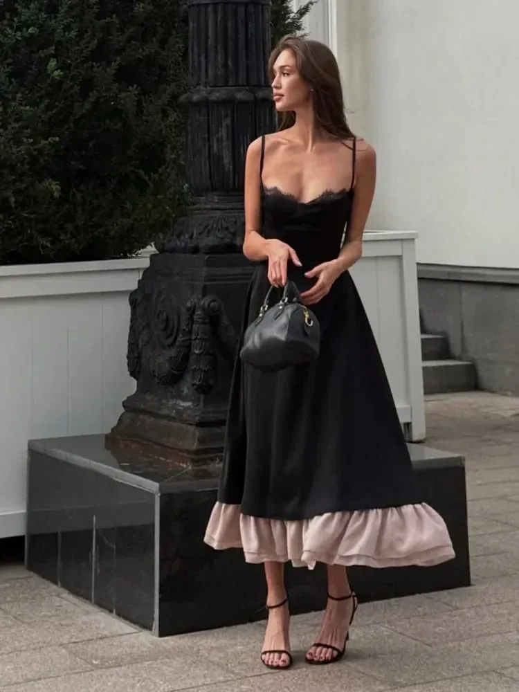 Elegant Lace Trim A-line Maxi Dress Women Fashion Spaghetti Straps Ruffle Hem Dresses 2026 Summer New Evening Party Street Gown — image 3