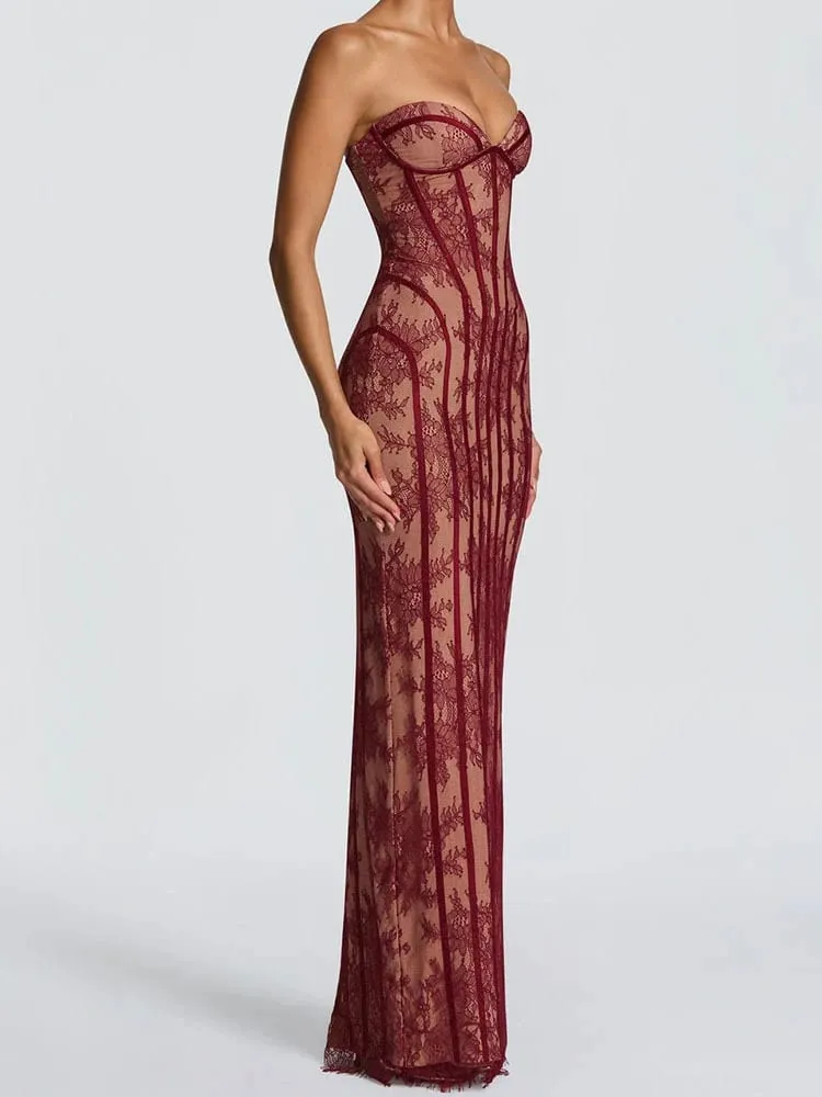 Women Backless Strapless Tulle Fishbone Dress Off Shoulder Printed Patchwork Slim Maxi Dresses 2026 Lady Chic Party Evening Gown — image 2