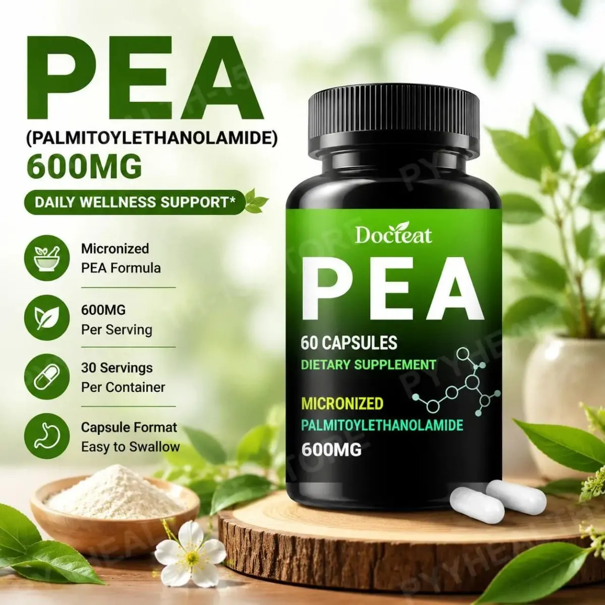 Docteat PEA 600mg Capsules Micronized Palmitoylethanolamide Supports Compound Balance Maintenance Comfort and Ease 60 Capsules — image 1