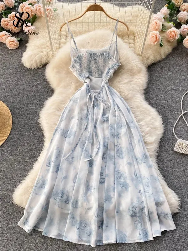 Feminino floral cinta de espaguete vestido elástico ruched sexy oco sem costas vestido de festa verão boho férias praia vestido de verão — image 2