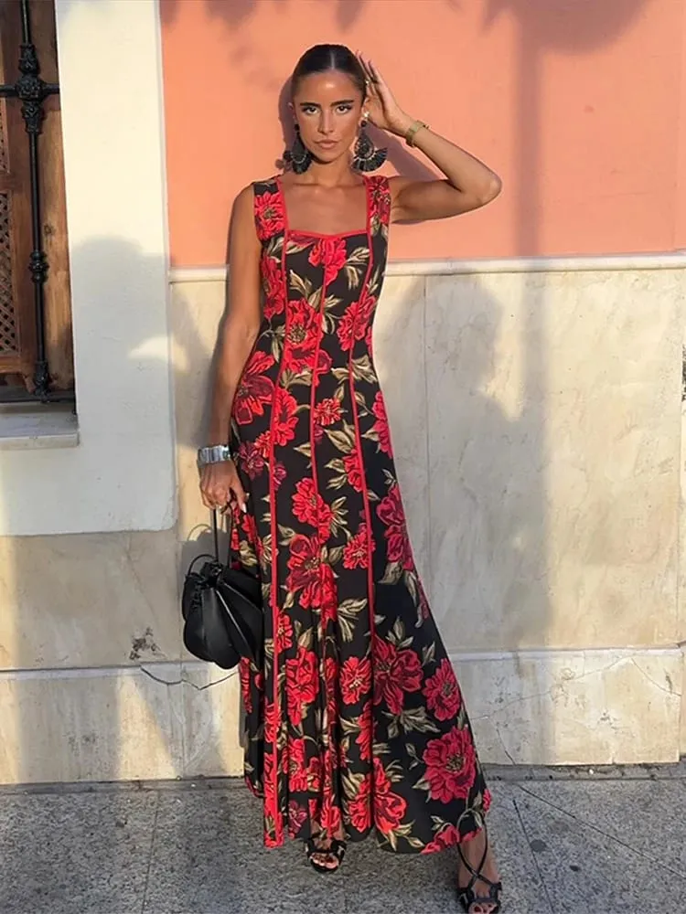 Sexy Printed Flower Long Women's Dress Sleeveless Waist-Closed Slash Neck Lady Dresses Summer Sling Vacation Holiday Robe — image 4