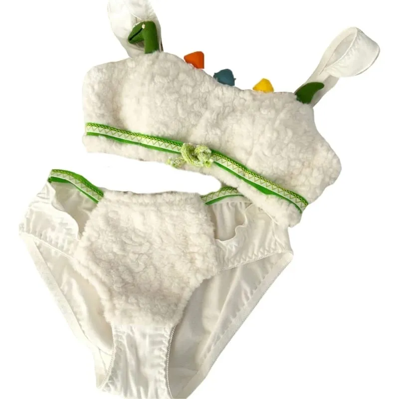 Conjunto de calcinha e sutiã de pelúcia peludo feminino, estampa de panda de desenhos animados, lingerie de inverno, menina escolar, anime japonês, roupa íntima cosplay — image 16