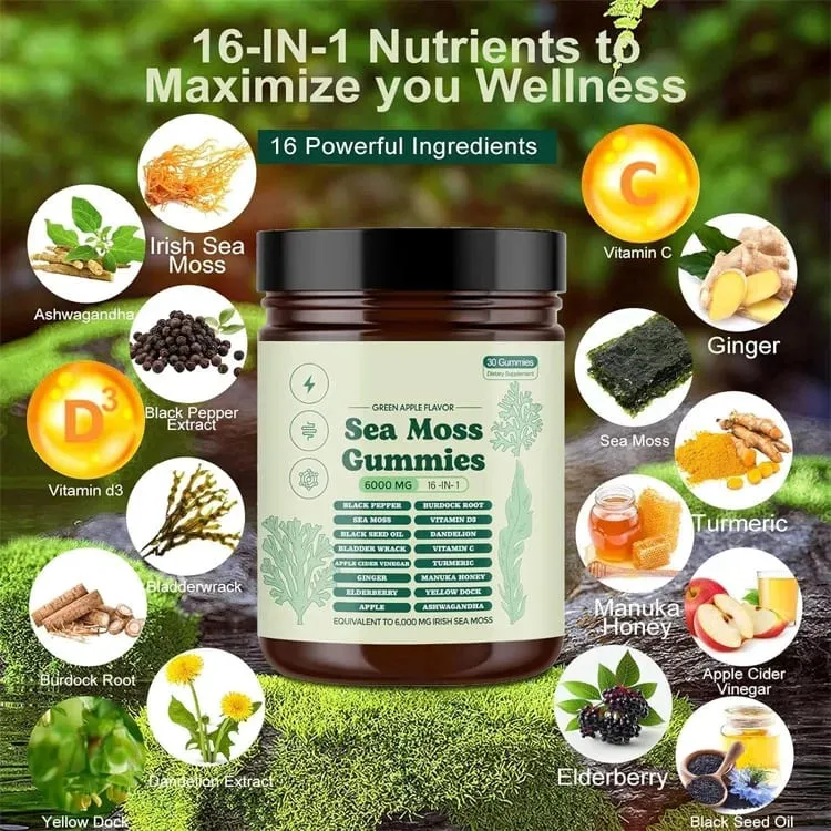 Sea Moss Gummies 16 in 1 6000mg Black SeedOil Ashwagandha Burdockroot - Vegan Sea Moss Gummy for Adults Kids Men Women — image 2