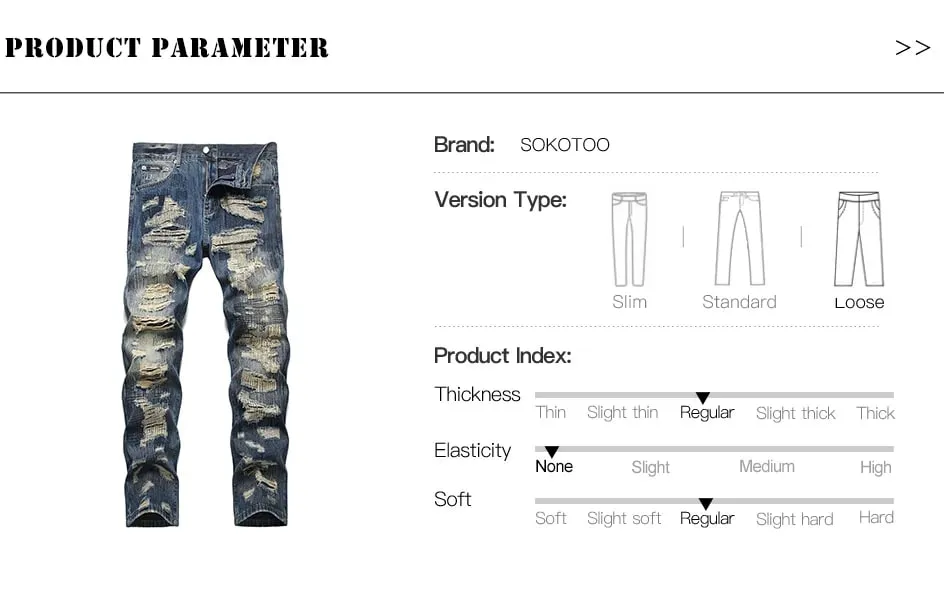 Men Ripped Denim Jeans Holes Distressed Patchwork Beggar Pants Embroidery Loose Straight Trousers