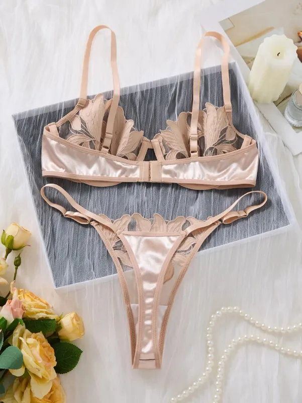 Conjunto de lingerie bordada floral champanhe, malha de cetim, sutiã fio dental, roupa íntima feminina, lua de mel, boudoir za824031 — image 3