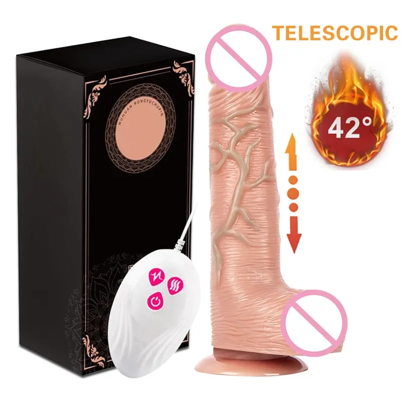 Teleskopické vibrační tahání realistické dildo ženská masturbace s přísavkou Vyhřívání penisu Dick pro ženy