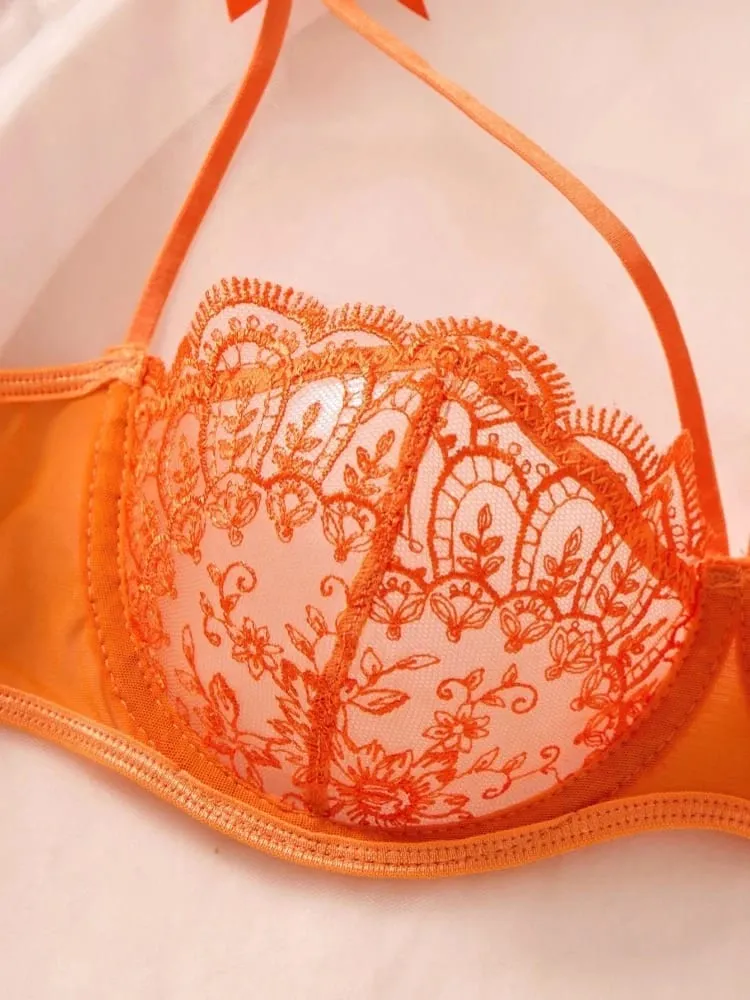Sexig Orange Spets Underkläder Set Kvinnor Push Up BH och Trosa Set Butterfly Rosett Underkläder Kvinnliga Intimates Sovkläder — image 5