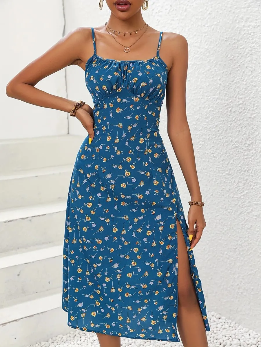 Ny sommar Sexig Spaghetti Straps Klänning Dammode Polka Dot Print Ärmlös slitsklänning Boho Casual Beach Midiklänningar — image 7